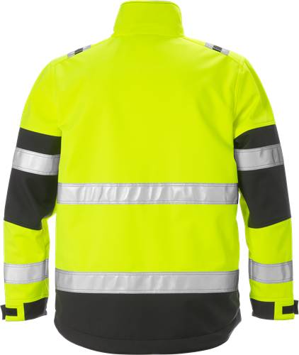 Eine leuchtend gelbe Warnschutzjacke mit reflektierenden Streifen an den Ärmeln und dem Rücken, die für Sicherheit bei schlechten Lichtverhältnissen entwickelt wurde.