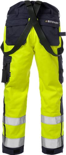 Leuchtend gelbe Warnschutzhose mit schwarzen Trägern, geeignet für Arbeitsumgebungen mit Sicherheitsanforderungen.