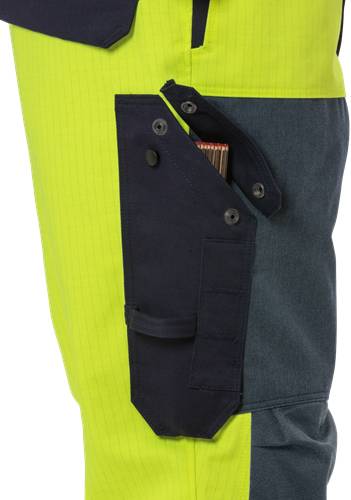 Eine Nahaufnahme einer zweifarbigen Werkzeugtasche an Arbeitshosen, mit einem dunkelblau-farbenen Druckknopfverschluss, wobei ein Werkzeug teilweise im Inneren sichtbar ist.