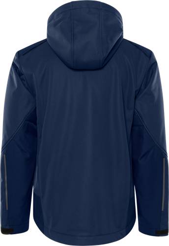 Rückansicht einer blauen Kapuzenjacke mit genähten Schulter- und Ärmeldetails, geeignet für kalte Wetterbedingungen.