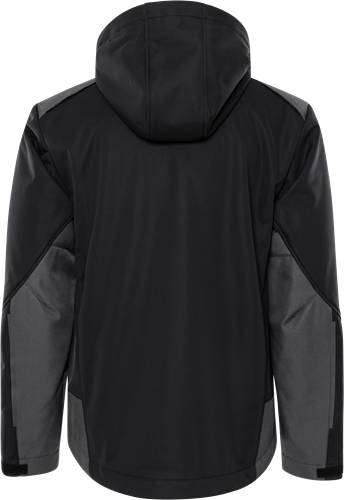 Eine schwarze Jacke mit Kapuze, von hinten gesehen.