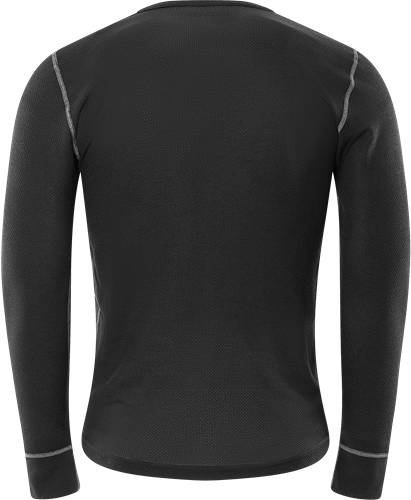 Eine Person von hinten, die ein langärmeliges, dunkel gefärbtes Thermoshirt mit sichtbaren Nähten vor einem einfarbigen Hintergrund trägt.