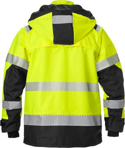 Eine leuchtend gelbe und schwarze Warnschutzjacke, von hinten gezeigt, mit reflektierenden Streifen an Ärmeln und Rumpf.