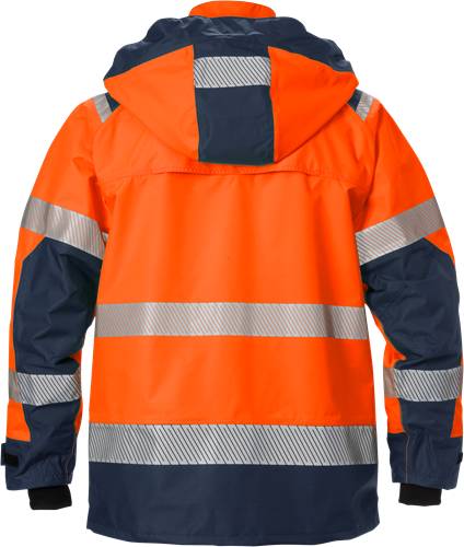 Eine hochsichtbare Arbeitsjacke in Orange und Marineblau mit reflektierenden Streifen, entwickelt für Sicherheit bei schlechten Lichtverhältnissen.