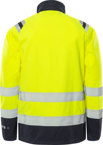 Leuchtend gelbe Warnschutzjacke mit reflektierenden Streifen an Ärmeln, Taille und Schultern, von hinten betrachtet.