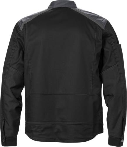 Das Bild zeigt die Rückansicht einer schwarzen Jacke mit Stehkragen und Schultereinsätzen, mit einer taillierten Passform und dezenten Nähten.