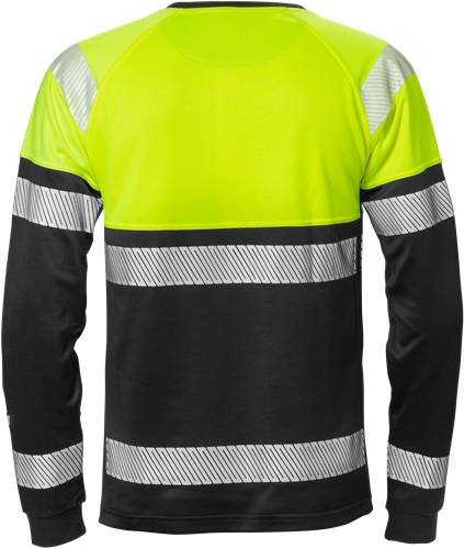 Eine Person, die von hinten eine Warnschutzjacke mit leuchtend gelben und reflektierenden Streifen trägt.