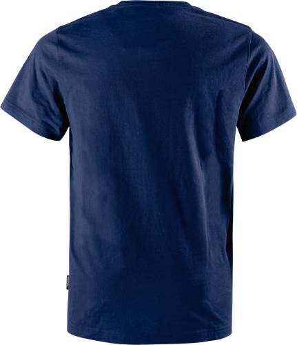 Ein schlichtes marineblaues T-Shirt wird von hinten vor einem dunklen Hintergrund gezeigt. Das Shirt hat kurze Ärmel und keine sichtbaren Logos oder Designs.