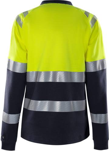 Eine reflektierende Sicherheitsweste mit leuchtend gelben und schwarzen Abschnitten und silbernen Reflektorstreifen, entwickelt für maximale Sichtbarkeit.