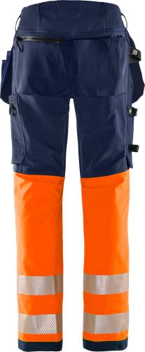 Zweifarbige Hose mit marineblauem Bund und Oberschenkelbereich und leuchtend orangefarbenen Hosenbeinen, entwickelt für bessere Sichtbarkeit oder Outdoor-Aktivitäten.