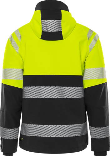 Eine helle gelbe und schwarze Warnschutzjacke mit reflektierenden Streifen über den Rücken, die für die Sicherheit bei schlechten Lichtverhältnissen konzipiert ist.