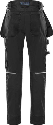 Schwarze taktische Hose mit mehreren Cargotaschen und verstärkten Kniebereichen, entwickelt für Langlebigkeit und Funktionalität.