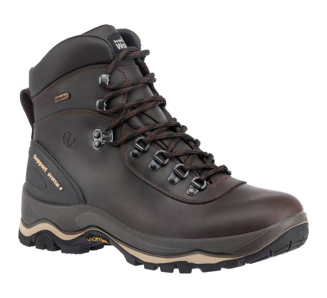 Ein robuster brauner Wanderschuh mit dicken Schnürsenkeln und einer strapazierfähigen Sohle, geeignet für Outdoor-Aktivitäten.