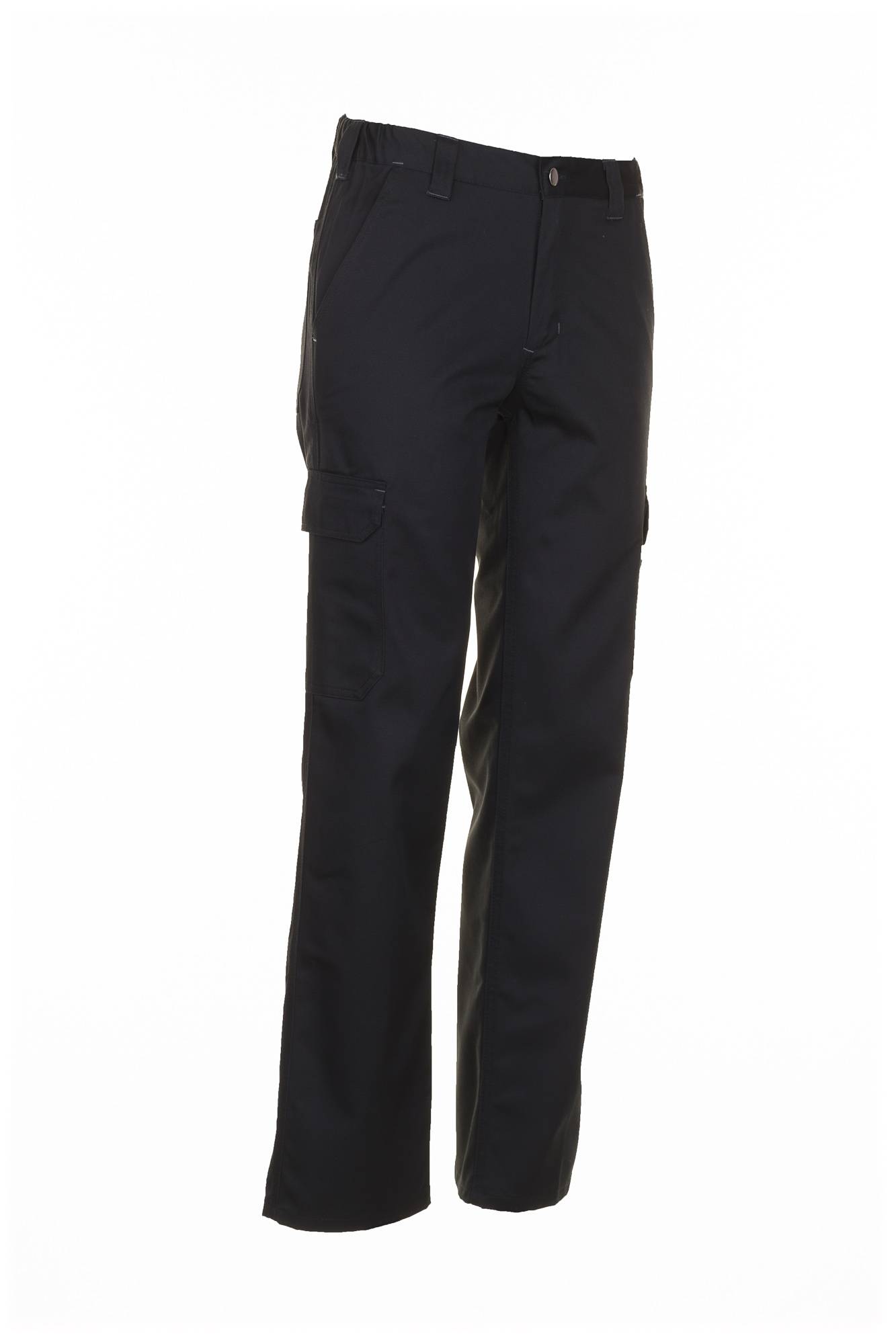 Schwarze Cargo-Hose mit mehreren Taschen, die vor einem weißen Hintergrund präsentiert wird und deren Design und Funktionalitätsmerkmale hervorgehoben werden.