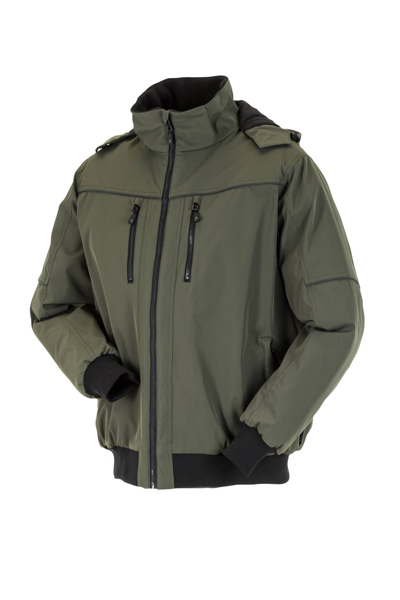 Eine grüne Jacke mit hohem Kragen, Reißverschluss und schwarzen Bündchen. Geeignet für kalte Wetterbedingungen.