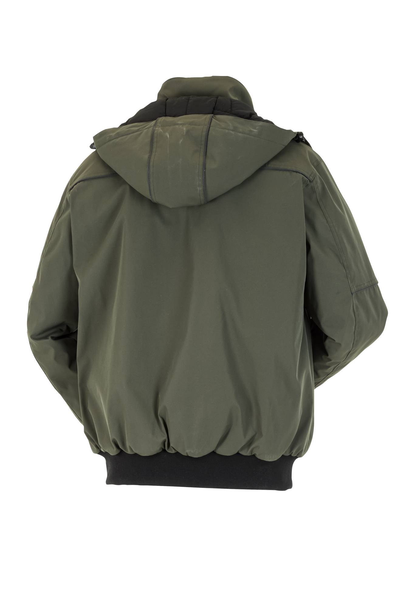 Eine Person mit einer dunklen grünen Kapuzenjacke, von hinten gesehen. Die Jacke wirkt warm und ist für kalte Wetterbedingungen geeignet.