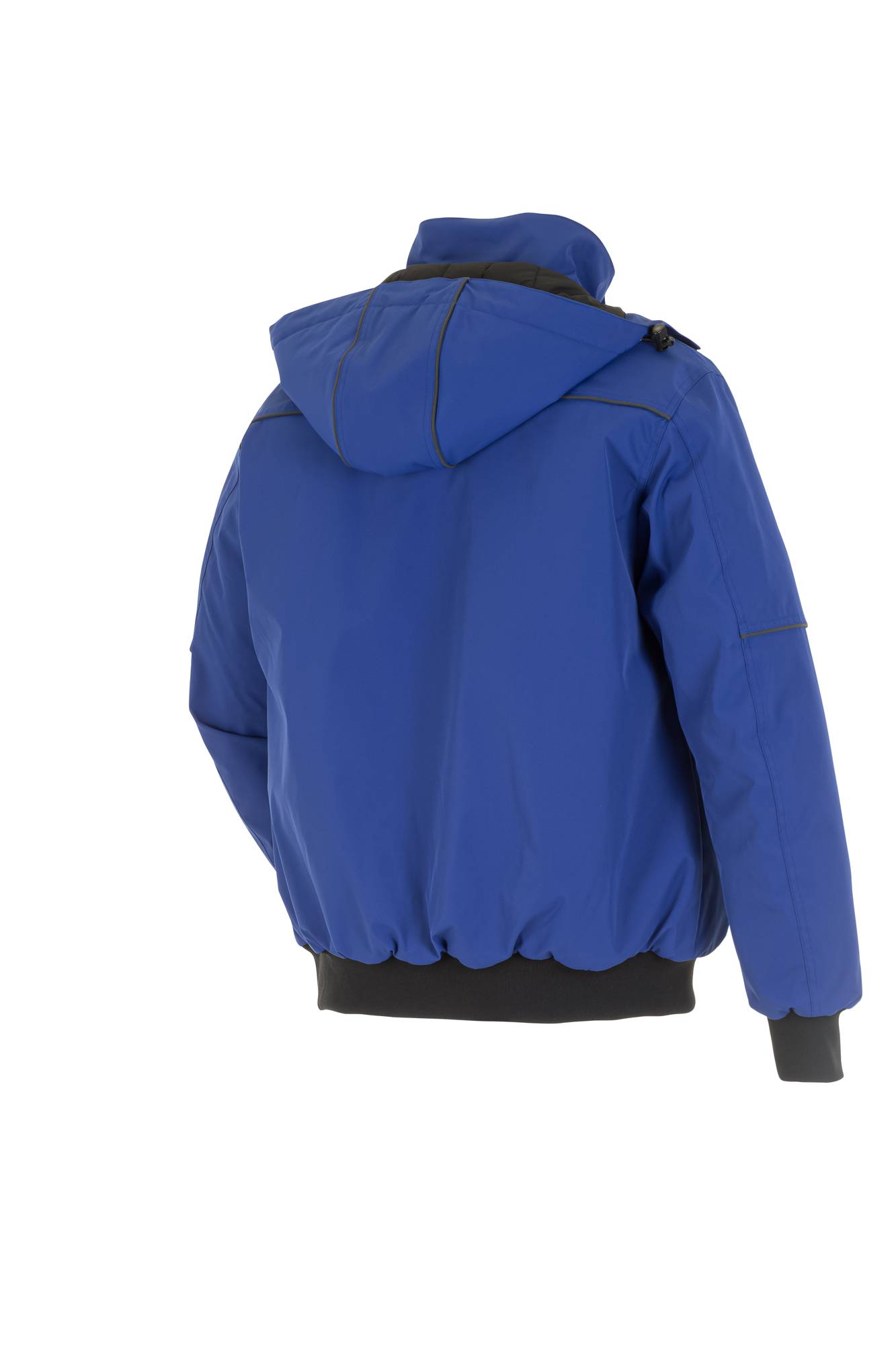 Eine Person, die eine blaue Kapuzenjacke trägt, von hinten betrachtet, wobei die Kapuze und Details der Schulterpartie deutlich sichtbar sind.