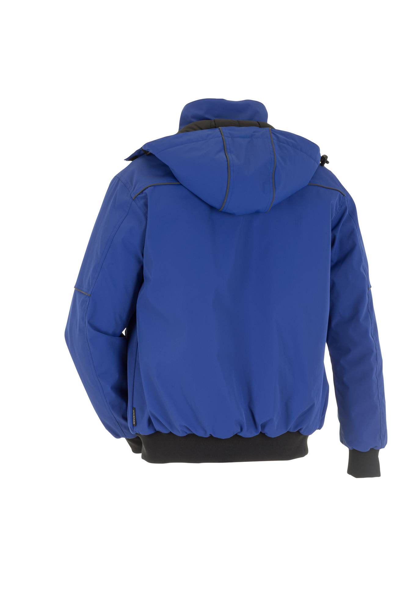 Eine blaue Kapuzenjacke, von hinten betrachtet, mit lockerer Passform und schwarzem Besatz, speziell für kalte Wetterbedingungen entwickelt.