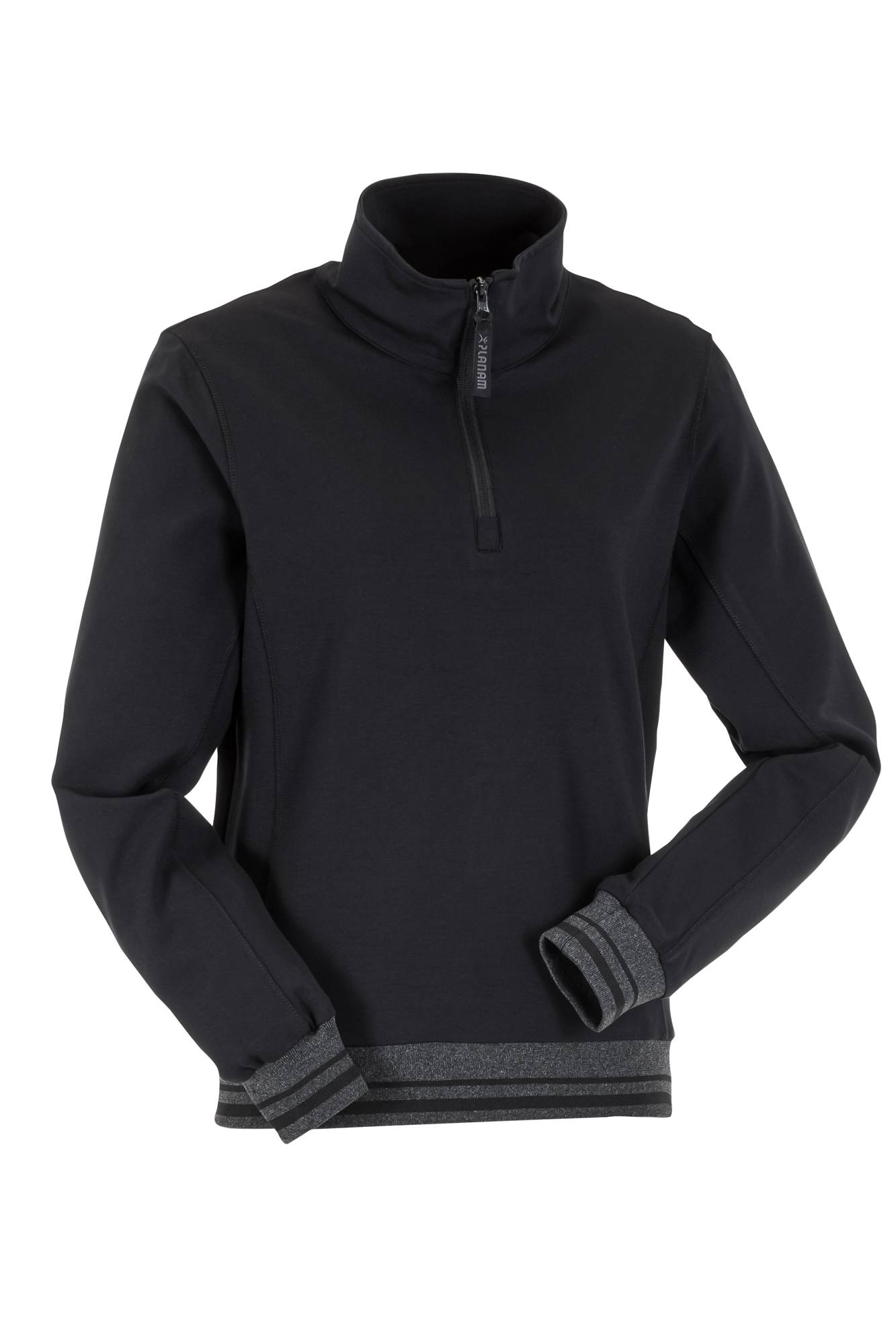 Ein schwarzer Langarm-Pullover mit halbem Reißverschluss vorne und grauen gestreiften Bündchen und Saum, an einer Schaufensterpuppe vor einem einfarbigen Hintergrund präsentiert.