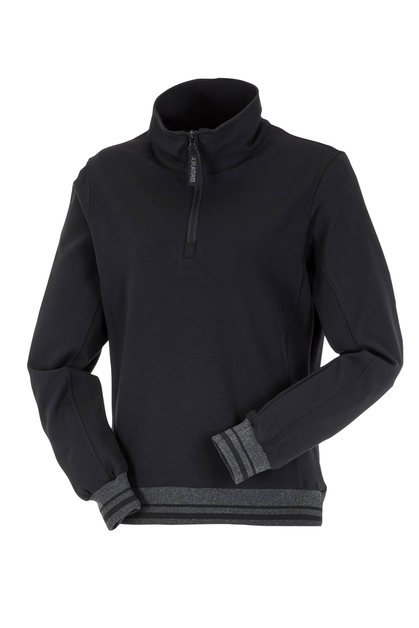 Eine schwarze Fleecejacke mit halbem Reißverschluss und grauen Bündchen, auf einem einfarbigen Hintergrund präsentiert.