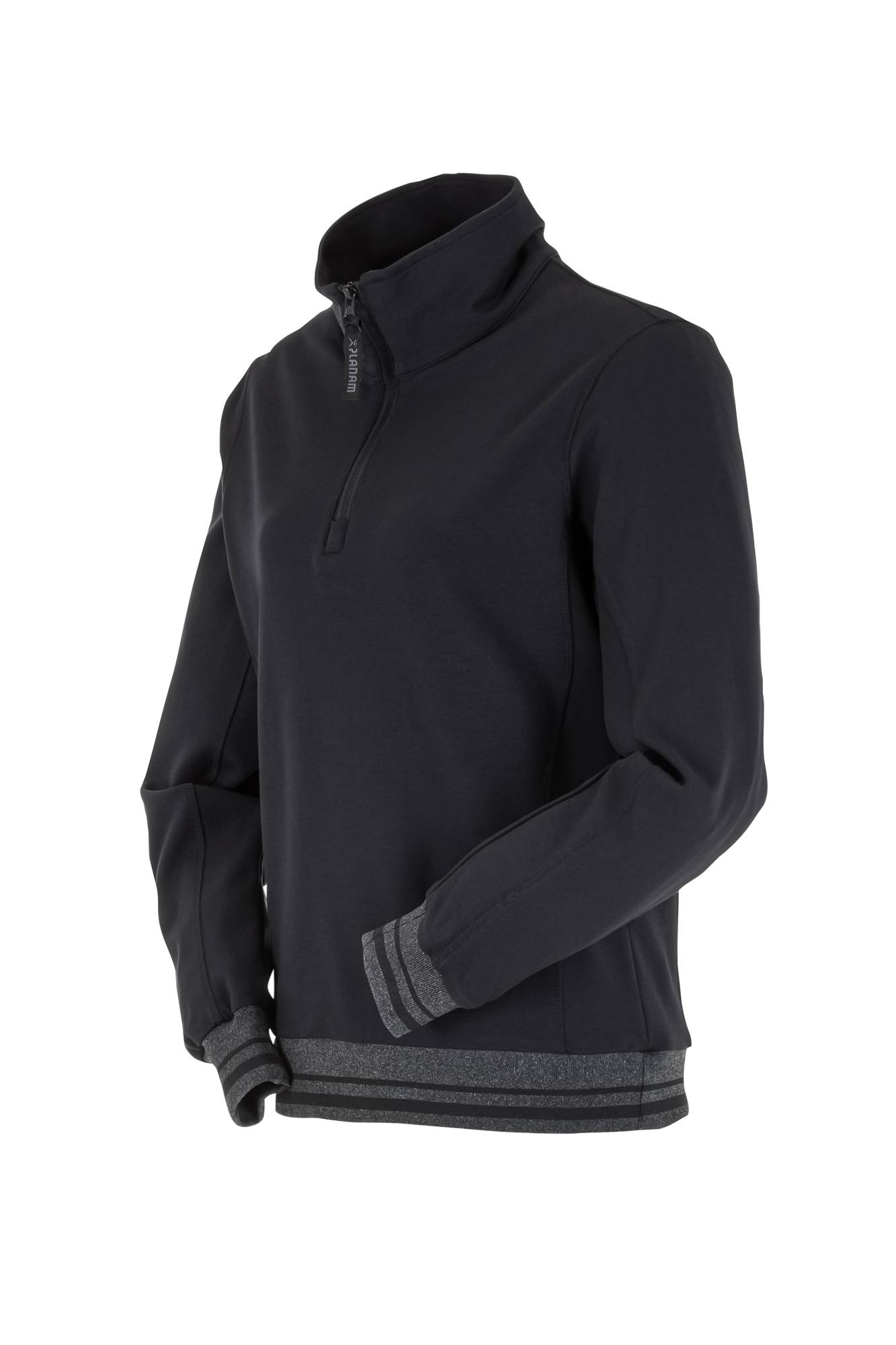 Ein schwarzer Langarm-Pullover mit halbem Reißverschluss und grauen Akzenten an den Bündchen und dem Saum, konzipiert für lässige oder sportliche Kleidung.