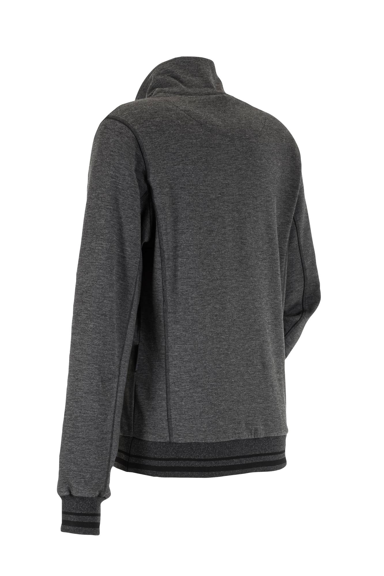 Rückansicht einer grauen Langarmjacke mit schwarzen Zierdetails.