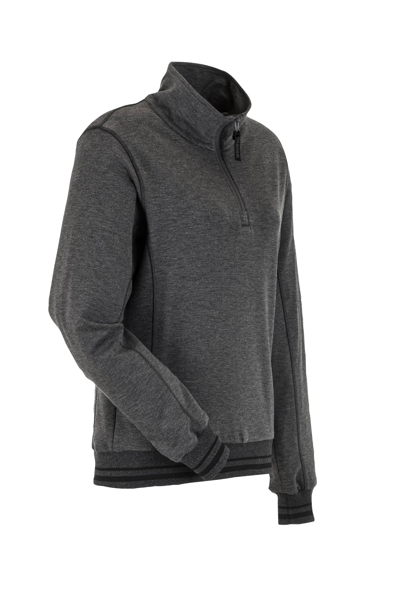 Eine dunkelgraue, langärmelige Reißverschlussjacke mit hohem Kragen und schwarzen Akzenten an den Bündchen und am Bund, präsentiert vor einem neutralen Hintergrund.