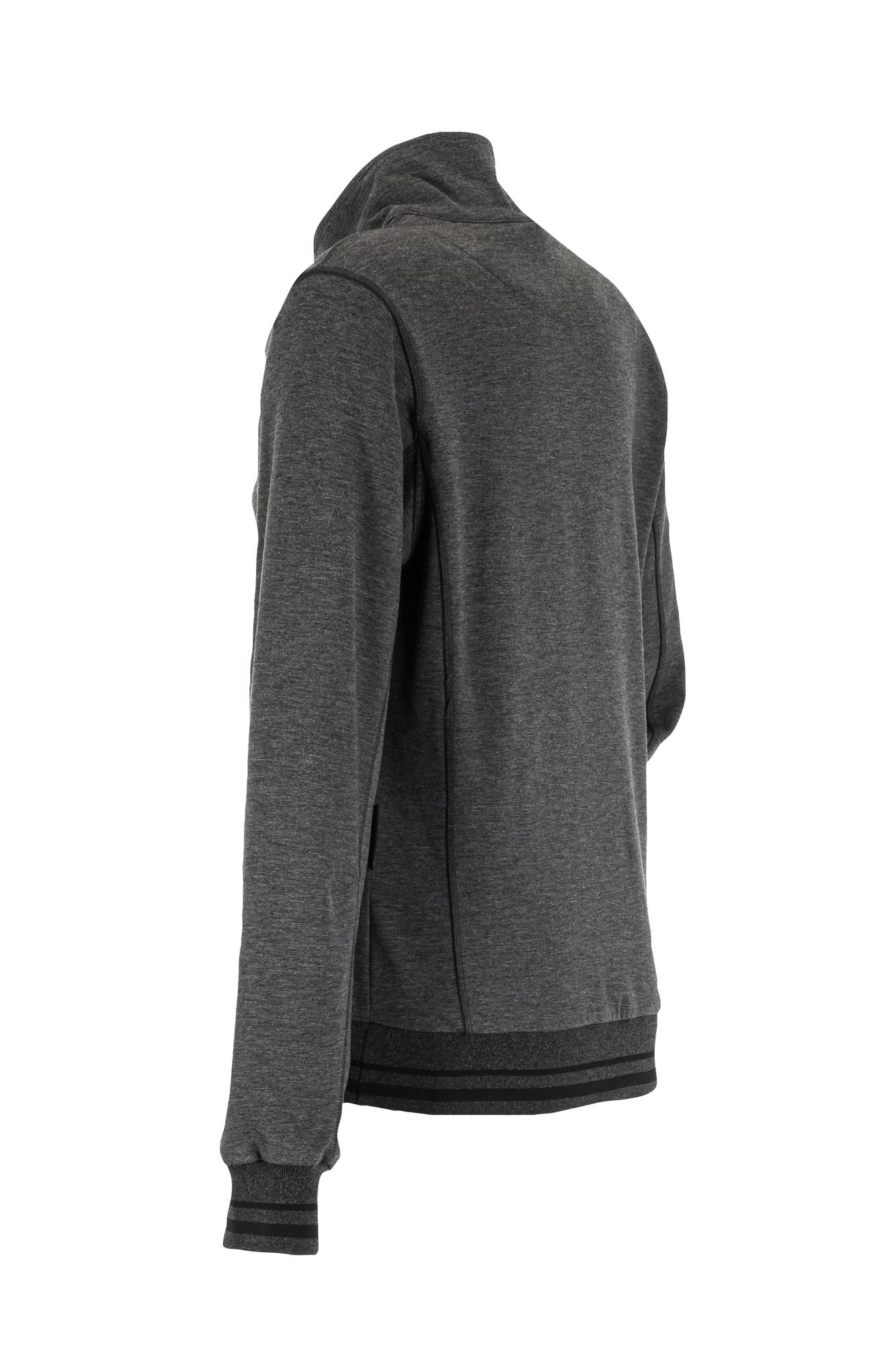 Eine graue Sweatjacke von hinten betrachtet, mit langen Ärmeln und einem Kragen, mit einem einfachen, lässigen Design.