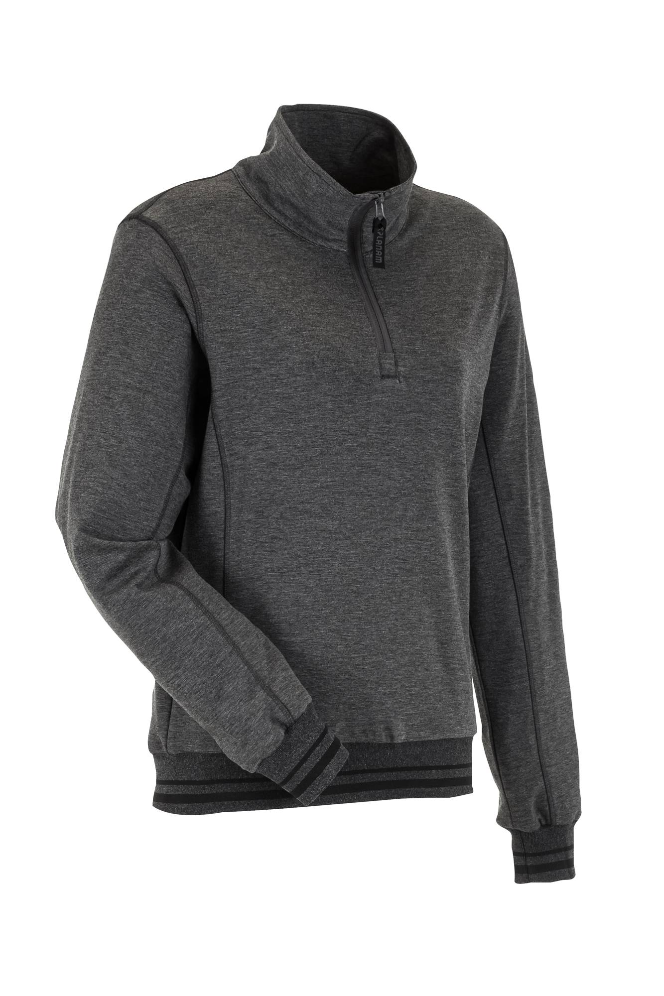 Ein dunkelgrauer Langarm-Pullover mit Troyer-Kragen und gerippten Bündchen, vor einem neutralen Hintergrund präsentiert.