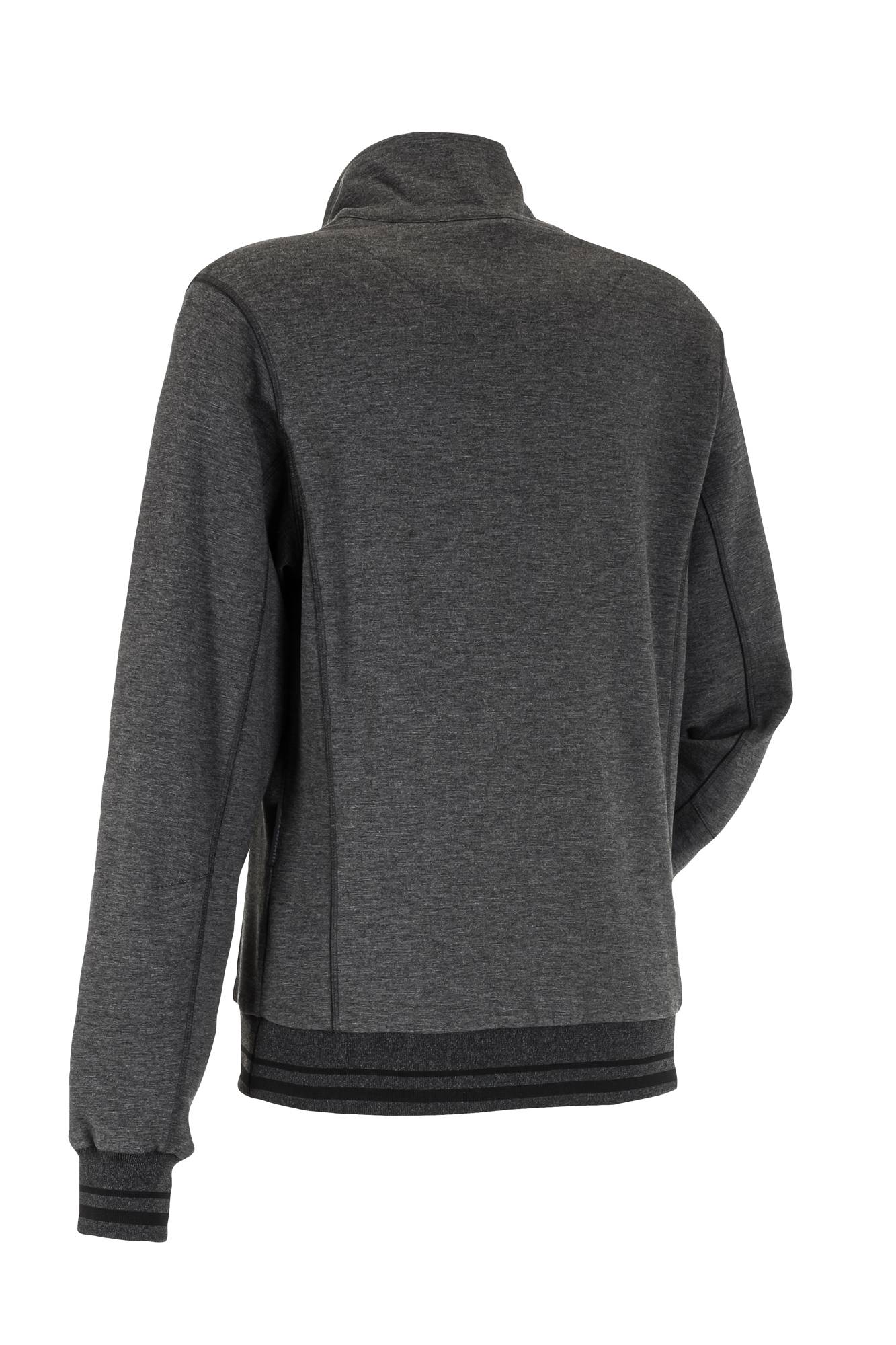 Das Bild zeigt die Rückansicht einer grauen Langarmjacke und präsentiert deren schlichten Schnitt und Maßschneiderei-Details.