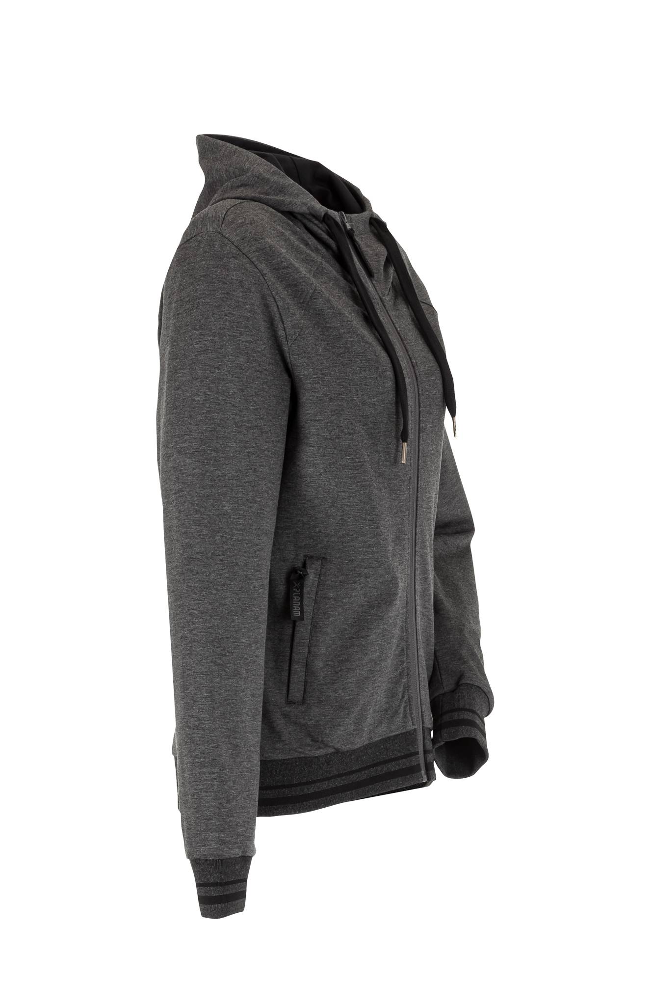 Ein grauer Reißverschluss-Hoodie, von der Seite gezeigt, mit Kordelzugkapuze, zwei Reißverschlusstaschen sowie gerippten Bündchen an den Ärmeln und am Saum.
