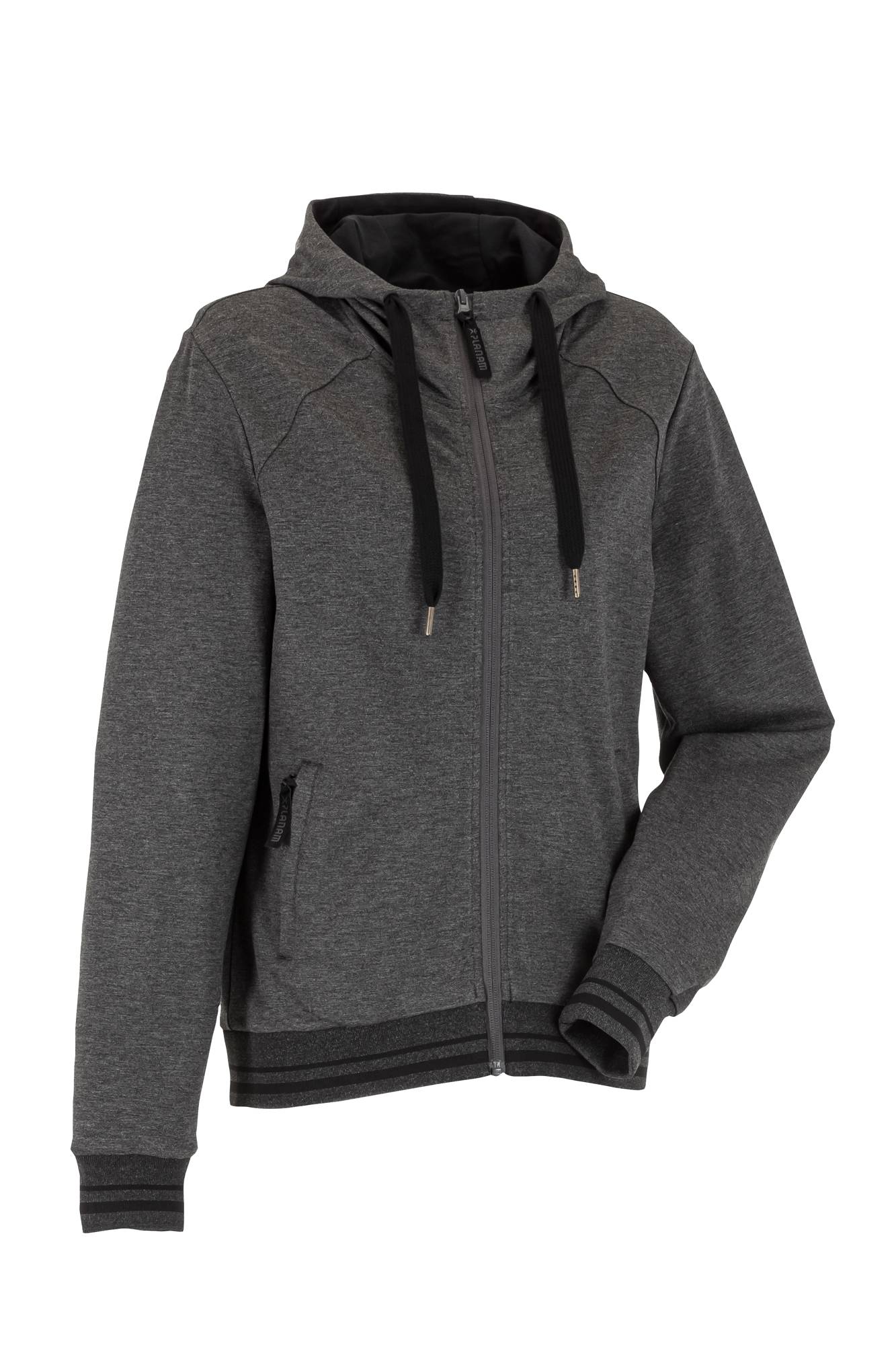 Eine dunkelgraue Kapuzenjacke mit schwarzen Kordelzügen und Reißverschluss, die vor einem weißen Hintergrund präsentiert wird.