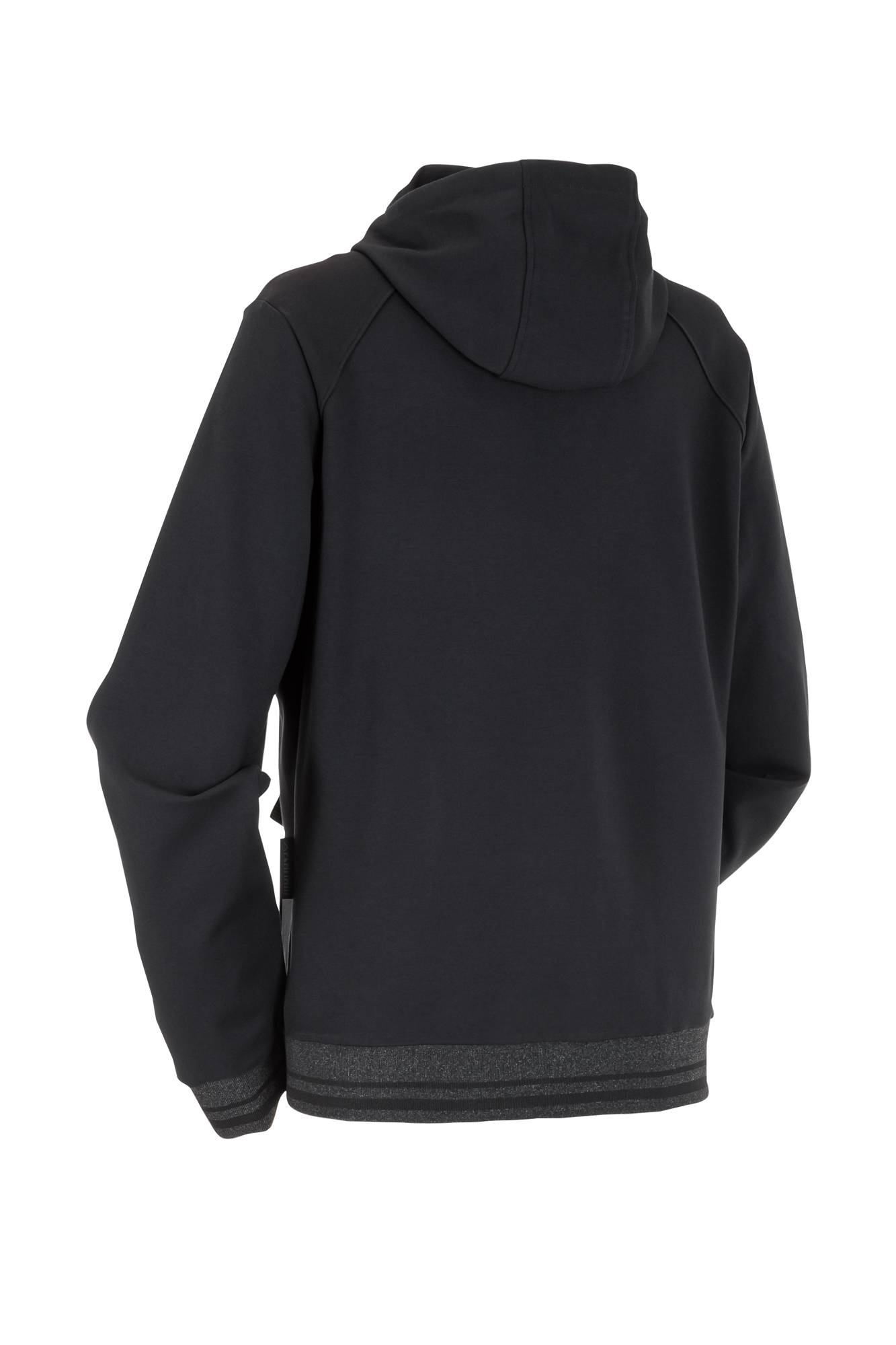 Eine schwarze Kapuzenjacke, von hinten betrachtet, die ihren Schnitt und ihr Design zeigt.