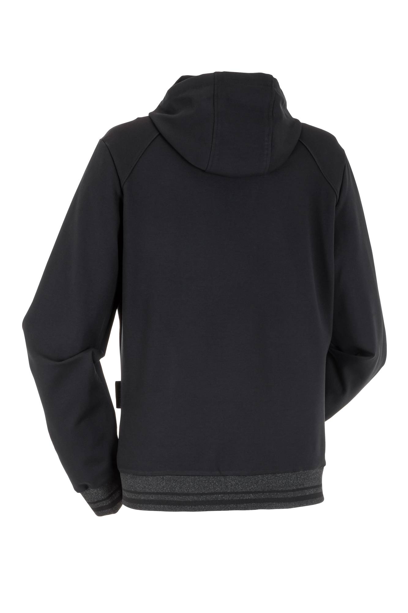 Ein schwarzer Hoodie wird von hinten präsentiert und zeigt seine Gesamtgestaltung mit langen Ärmeln, einer Kapuze sowie geripptem Saum und Bündchen.