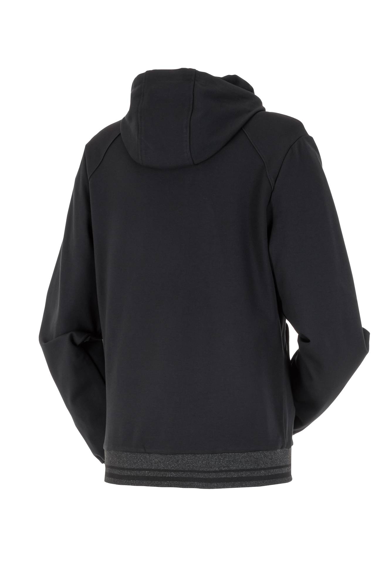 Eine schwarze Kapuzenjacke, von hinten gezeigt, mit Fokus auf die Kapuze und die langen Ärmel.