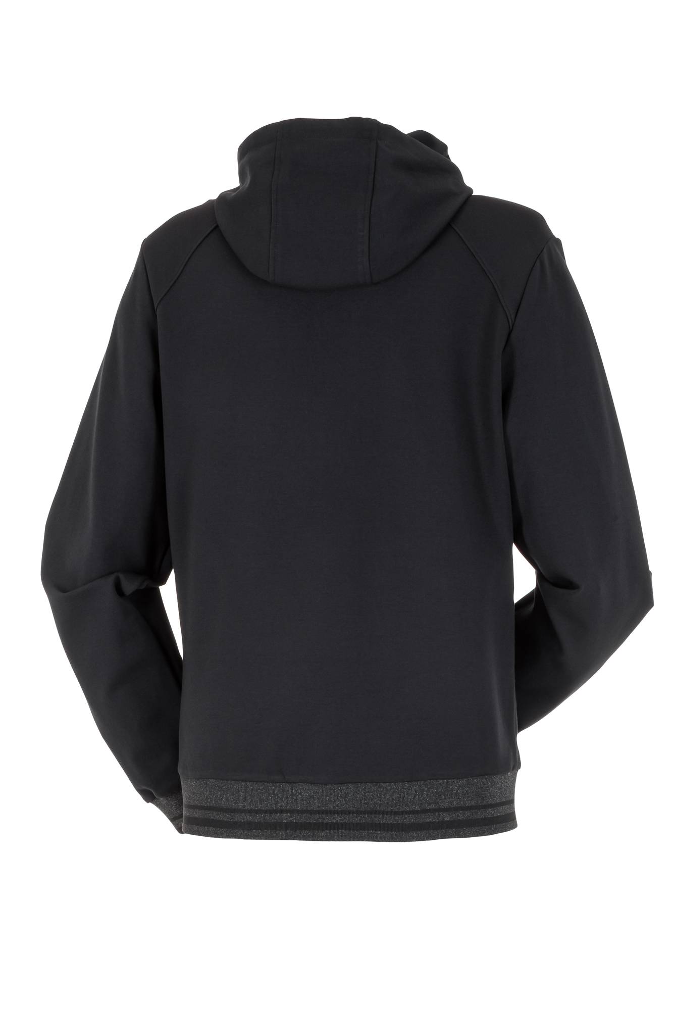 Eine schwarze Kapuzenjacke, von hinten gezeigt, mit langen Ärmeln und einem schlichten Design.