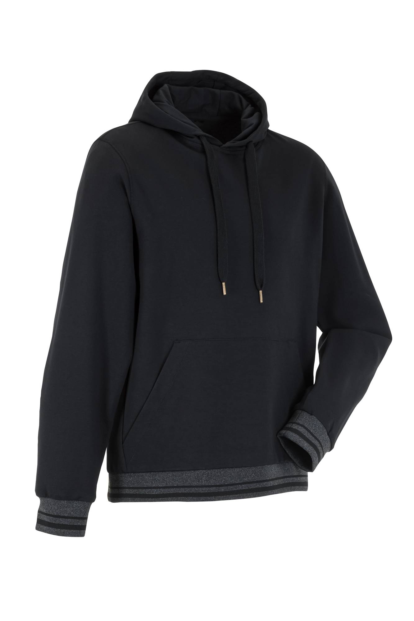 Ein schlichter schwarzer Hoodie mit einer Fronttasche und Kordelzugkapuze. Die Bündchen und der Saum haben einen dezenten grauen Rand.
