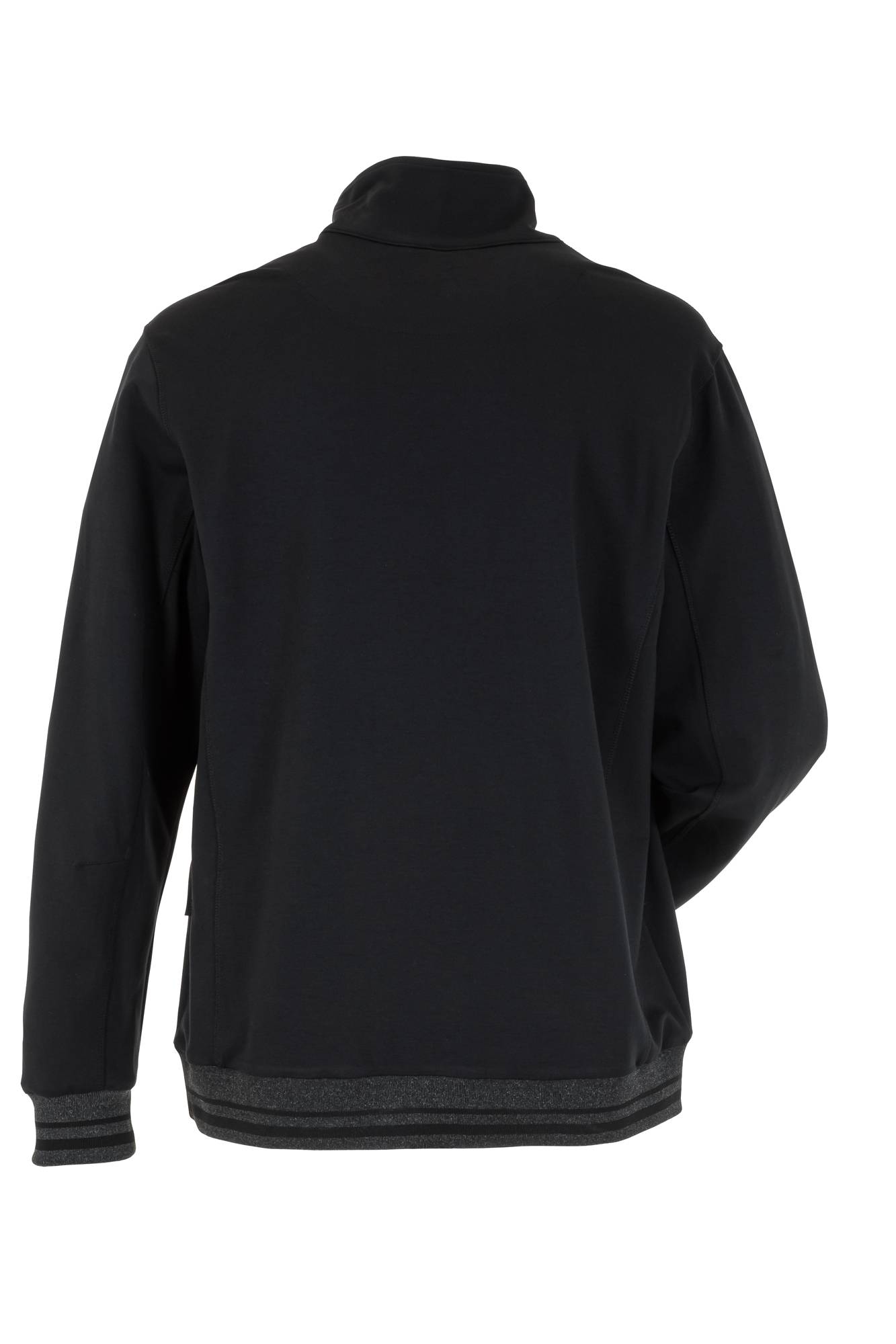 Eine schwarze Jacke, von hinten gezeigt, mit langen Ärmeln und lockerer Passform. Der Saum und die Bündchen sind leicht dunkler. Keine sichtbaren Logos oder Designs.