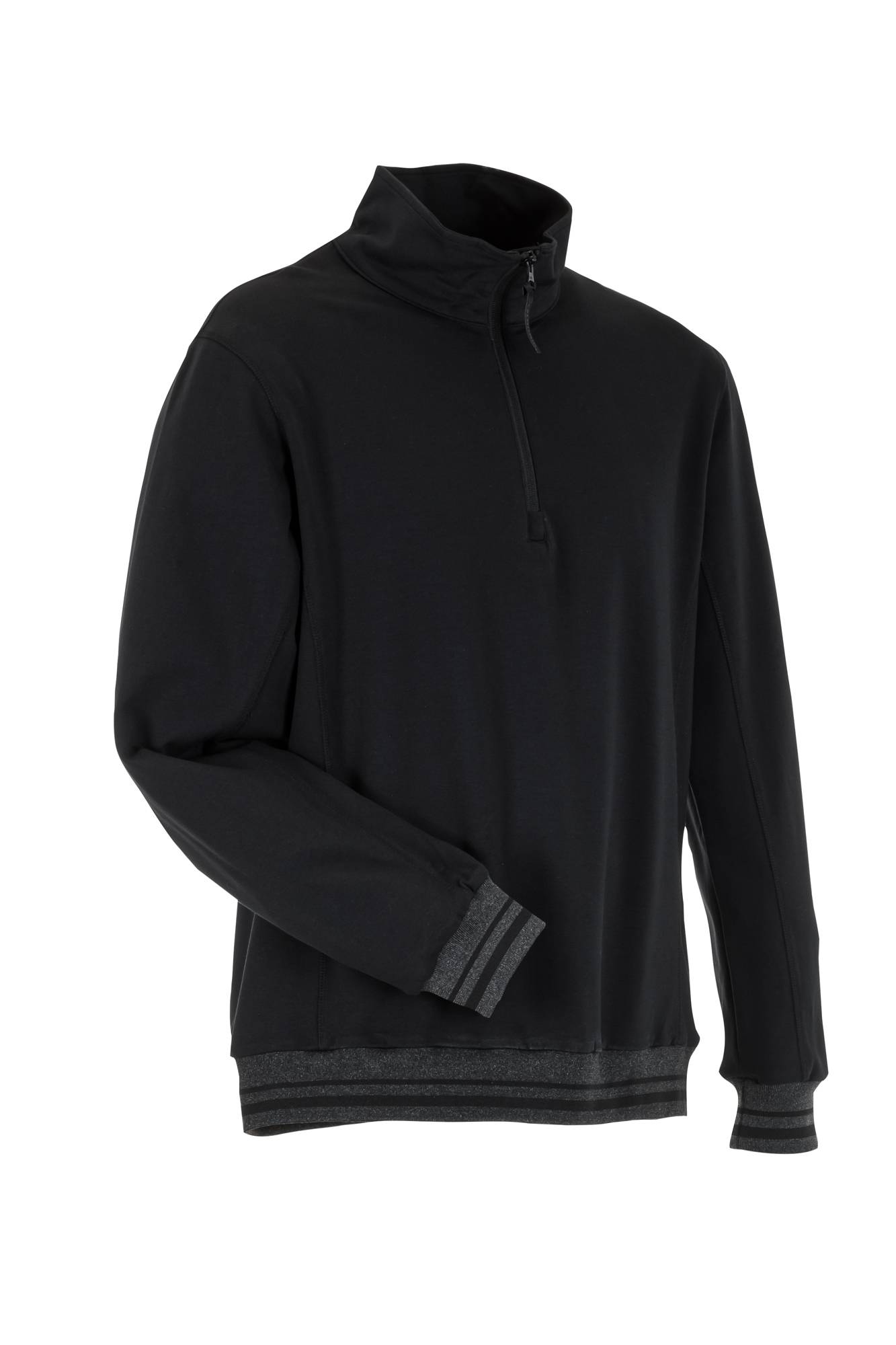 Ein schwarzer Pullover mit Viertelreißverschluss und hohem Kragen, ausgestattet mit gerippten Bündchen und Saum. Schlichtes und stilvolles Design, das sich perfekt für lässige Anlässe eignet.