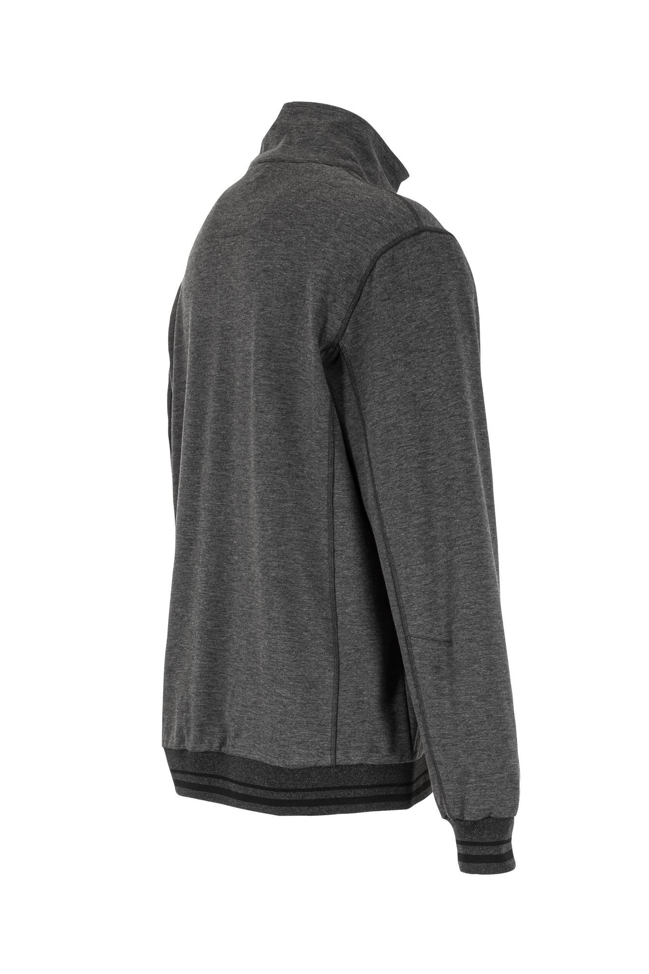 Eine graue Jacke wird von hinten gezeigt, mit einem hohen Kragen und langen Ärmeln. Der Stoff scheint weich und leicht zu sein.