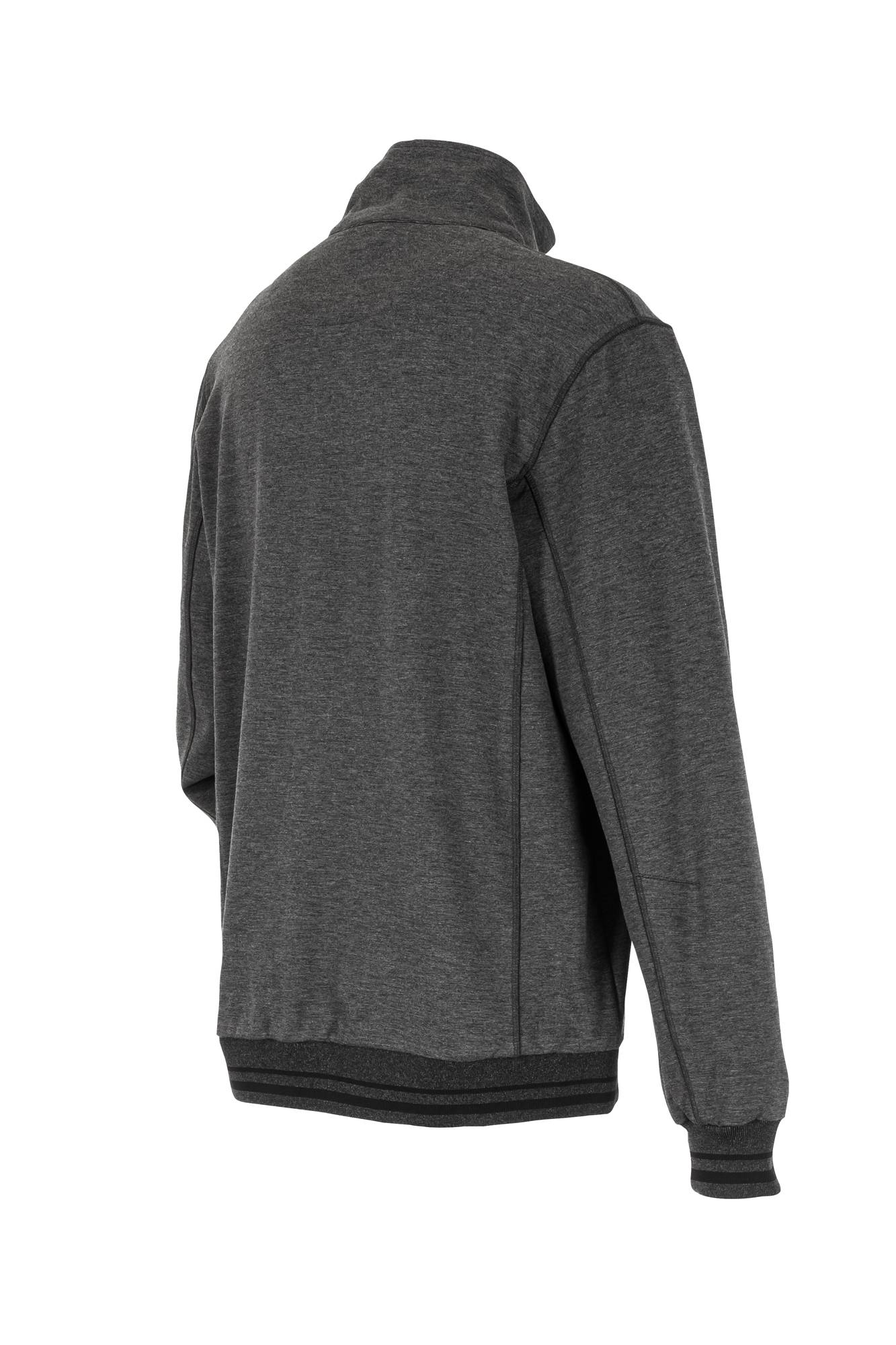 Das Bild zeigt die Rückansicht einer grauen Sweatjacke mit schwarzen Akzenten am Saum und an den Ärmelbündchen.