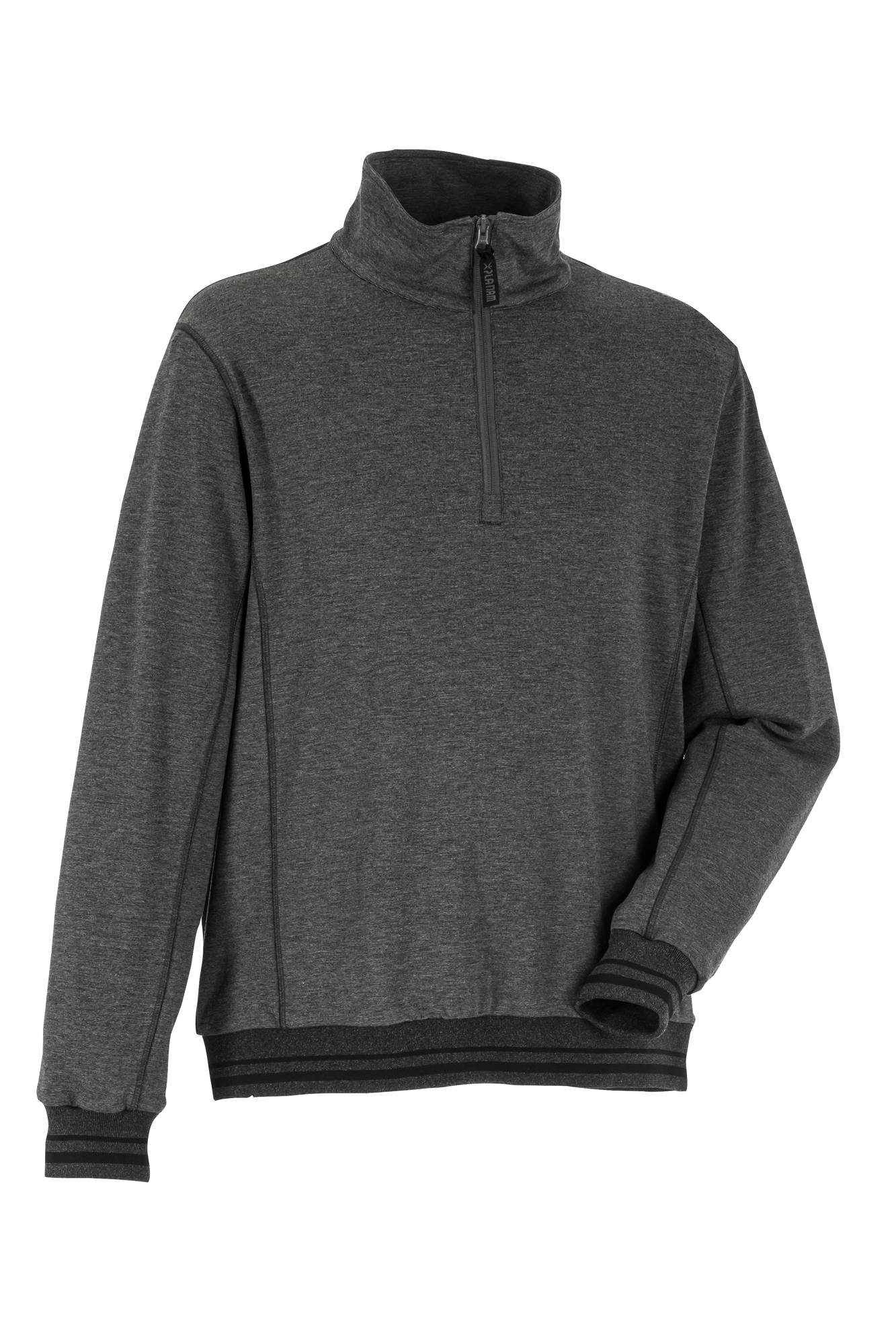 Ein dunkelgrauer Langarm-Pullover mit Reißverschlusskragen und schwarzen Akzenten, präsentiert vor einem schlichten weißen Hintergrund.