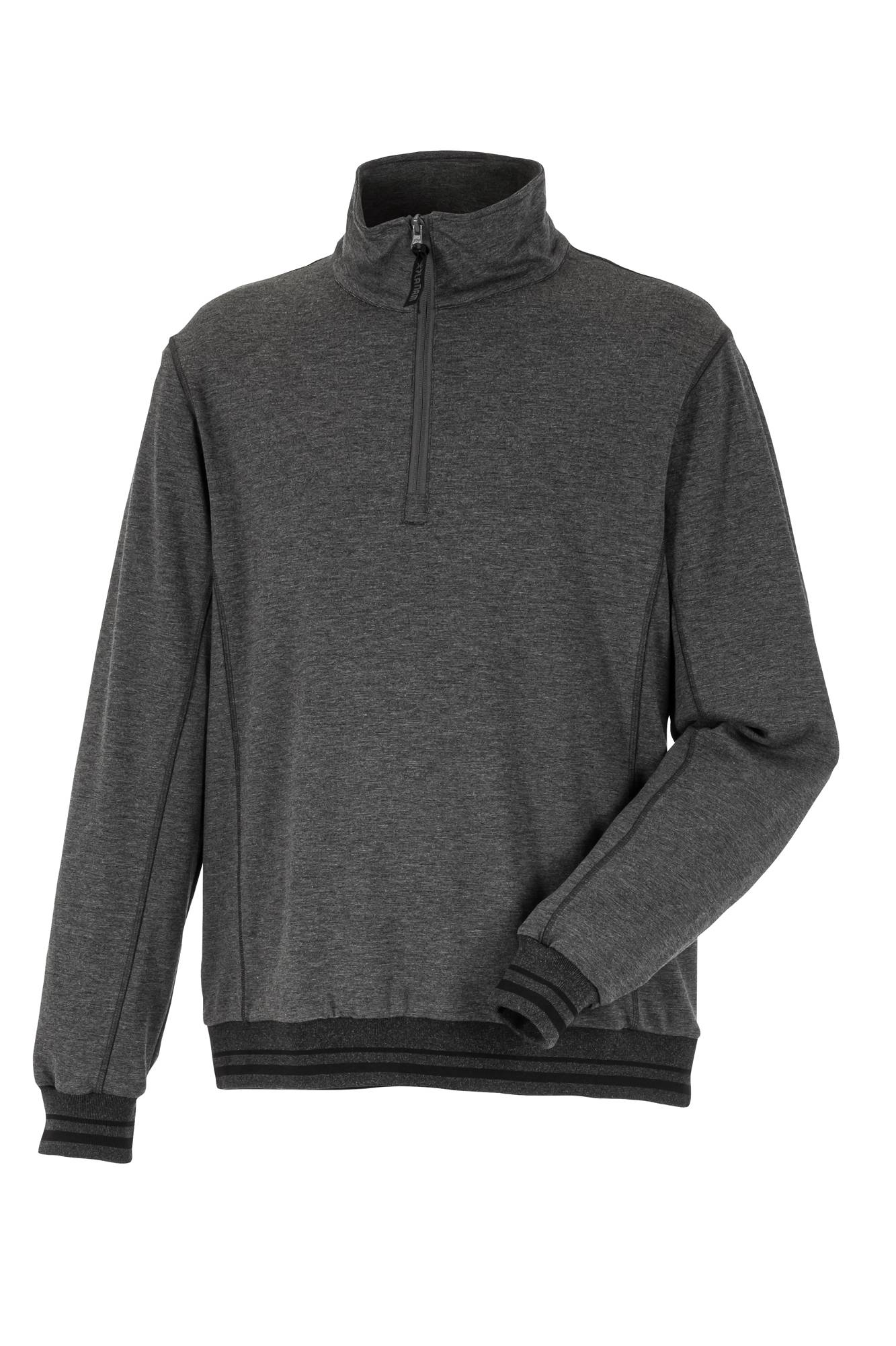 Grauer Pullover mit Reißverschluss und hohem Kragen und langen Ärmeln, mit schwarzen gerippten Bündchen an den Ärmeln und am Saum.