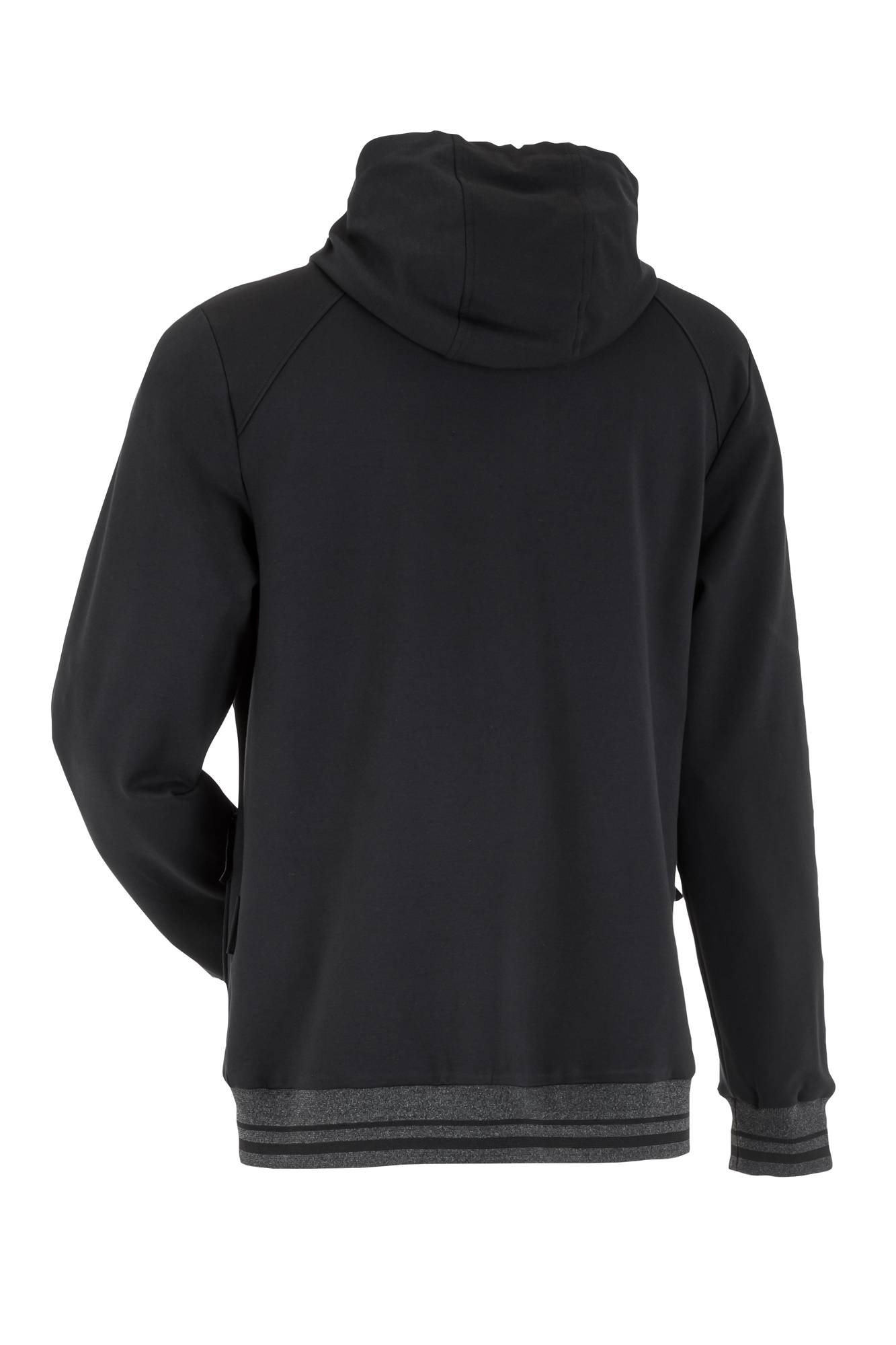 Ein schwarzer Hoodie wird von hinten gezeigt, wobei die Kapuze, die langen Ärmel und der lockere Schnitt hervorgehoben werden.