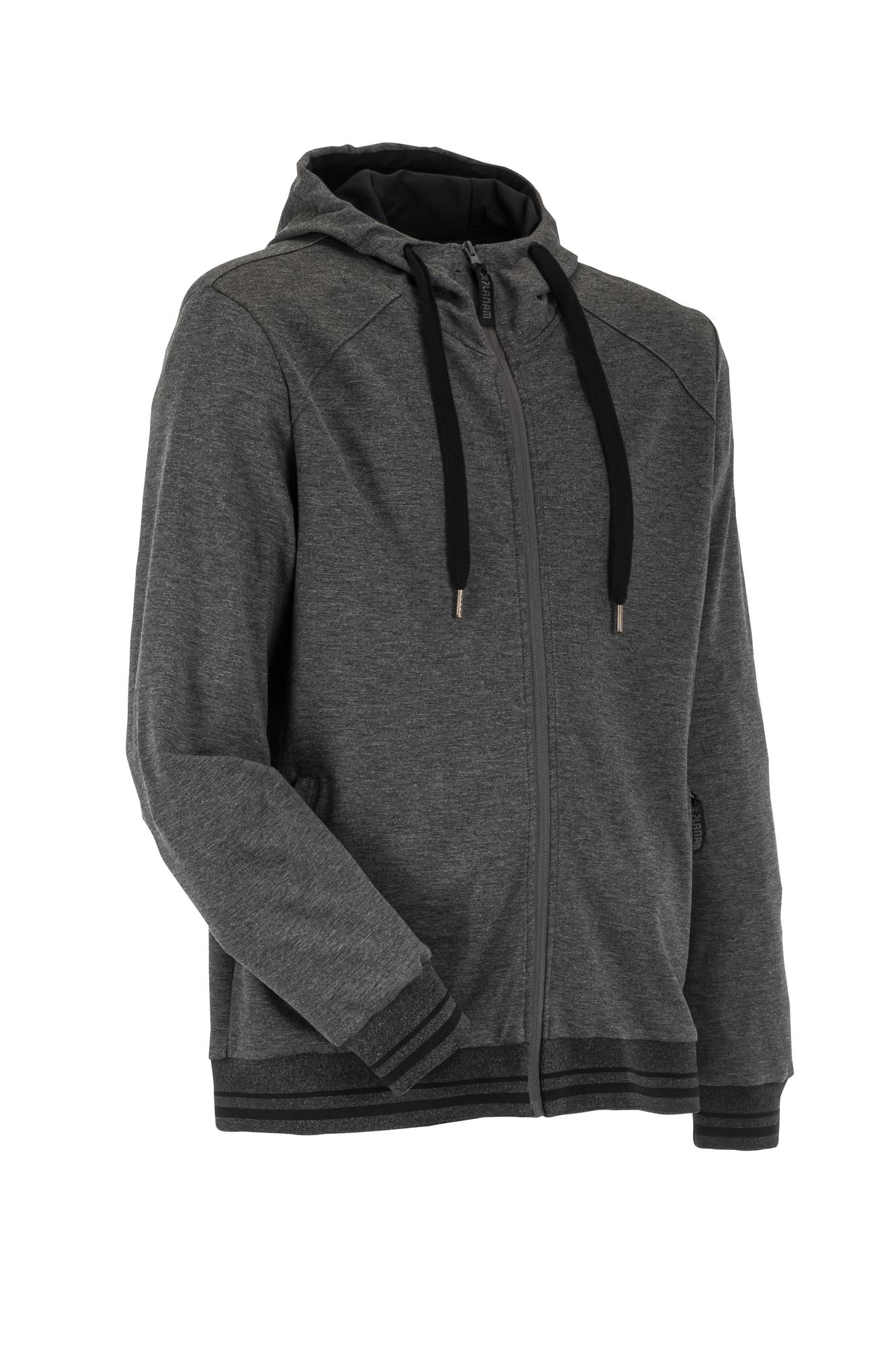Grauer Zip-Hoodie mit schwarzen Kordelzügen und geripptem Saum. Die Jacke verfügt über Seitentaschen und ein dezentes Strukturmuster.