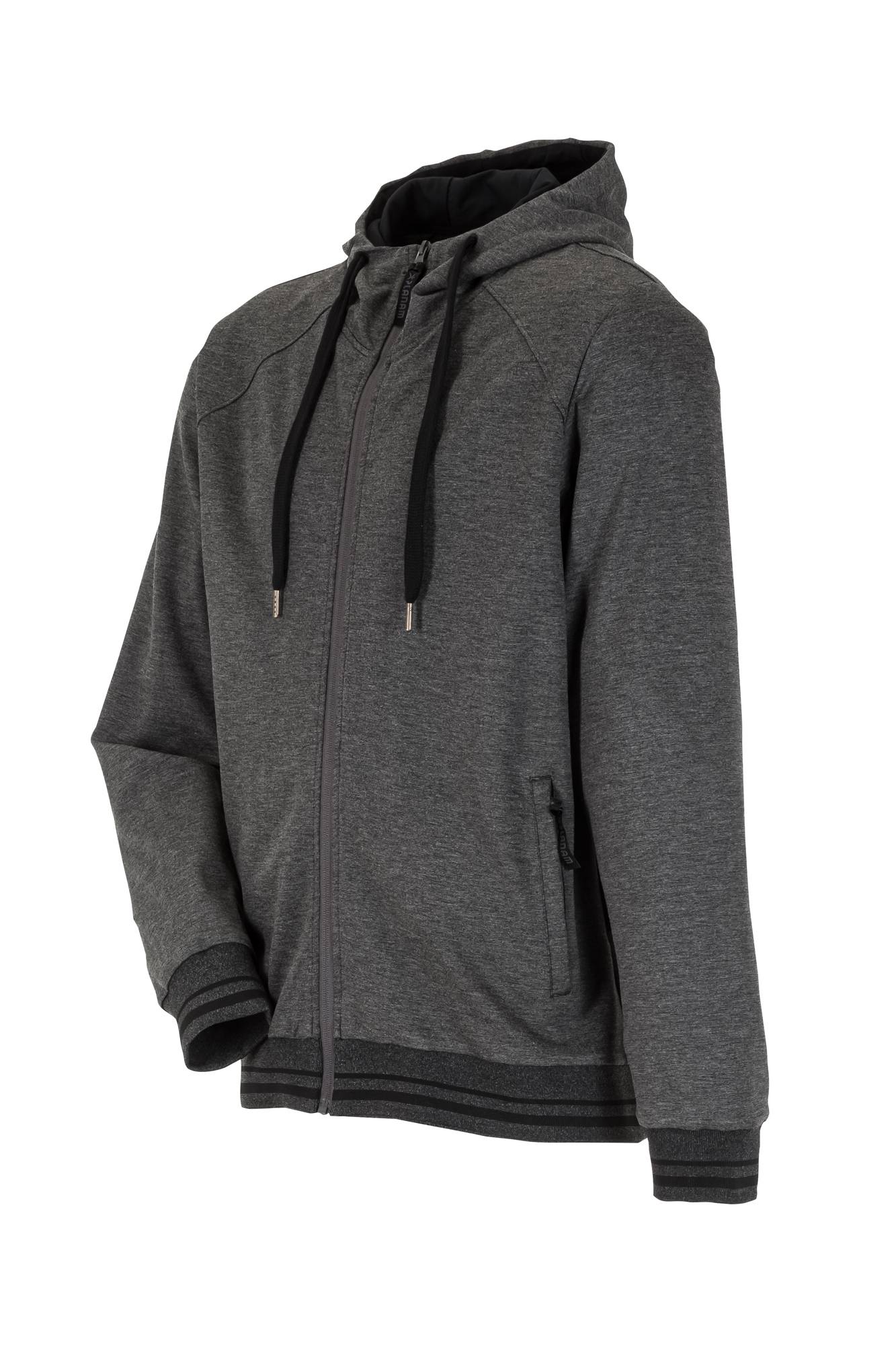 Ein dunkelgrauer Kapuzenpullover mit schwarzen Kordelzügen, durchgehendem Reißverschluss und seitlichen Taschen. Geeignet für lässige und sportliche Kleidung.