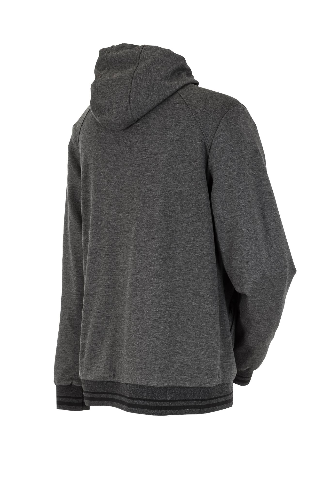 Ein grauer Hoodie, von hinten gesehen, mit Kapuze und langen Ärmeln.