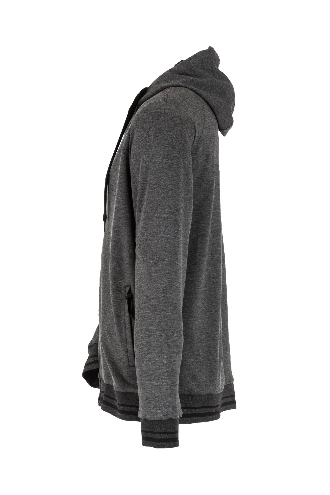 Eine Seitenansicht eines grauen Kapuzenpullovers mit langen Ärmeln und einer Kordelzugkapuze, vor einem einfarbigen weißen Hintergrund abgebildet.