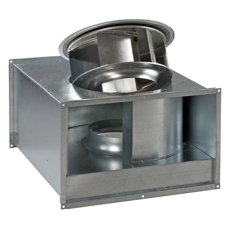 Metall-HVAC-Lüftungsrohr-Gebläseeinheit mit rundem Lüftungsflansch und rechteckigem verzinktem Gehäuse, gezeigt auf schwarzem Hintergrund.