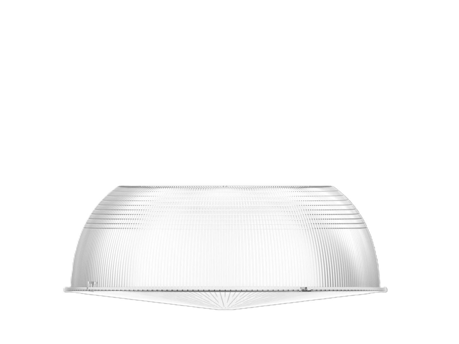 Ein transluzenter, kuppelförmiger Lampenschirm mit strukturierter Oberfläche, von der Seite betrachtet, der das Licht gleichmäßig diffundiert.